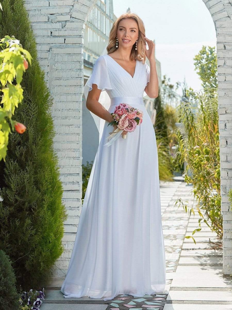 Long Dress with Flutter Sleeves and Satin Belt