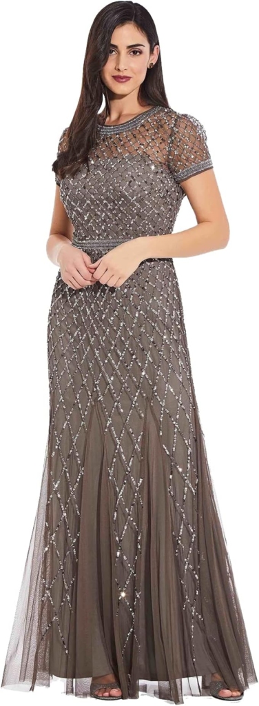 Short-Sleeve Gown with Beaded Mesh